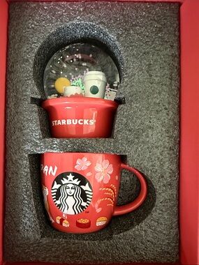 Starbucks Red Japanese Sakura Mt Fuji Mug and Matching Red Snow Globe Set